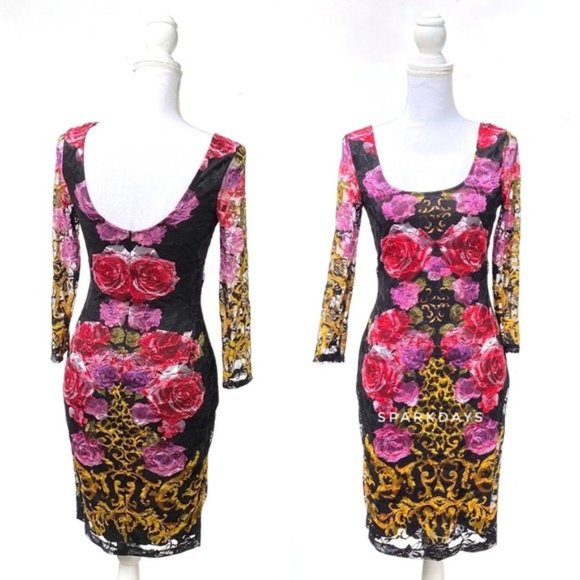 VENUS Dresses & Skirts - Venus Floral Leopard Lace Bodycon Midi Dress | S